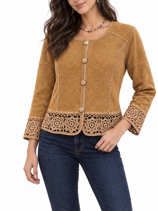 SMH Jackets & Blazers - SMH Boutique Tan Perforated Leather Crochet Flower Jacket Boho Western NWT Small